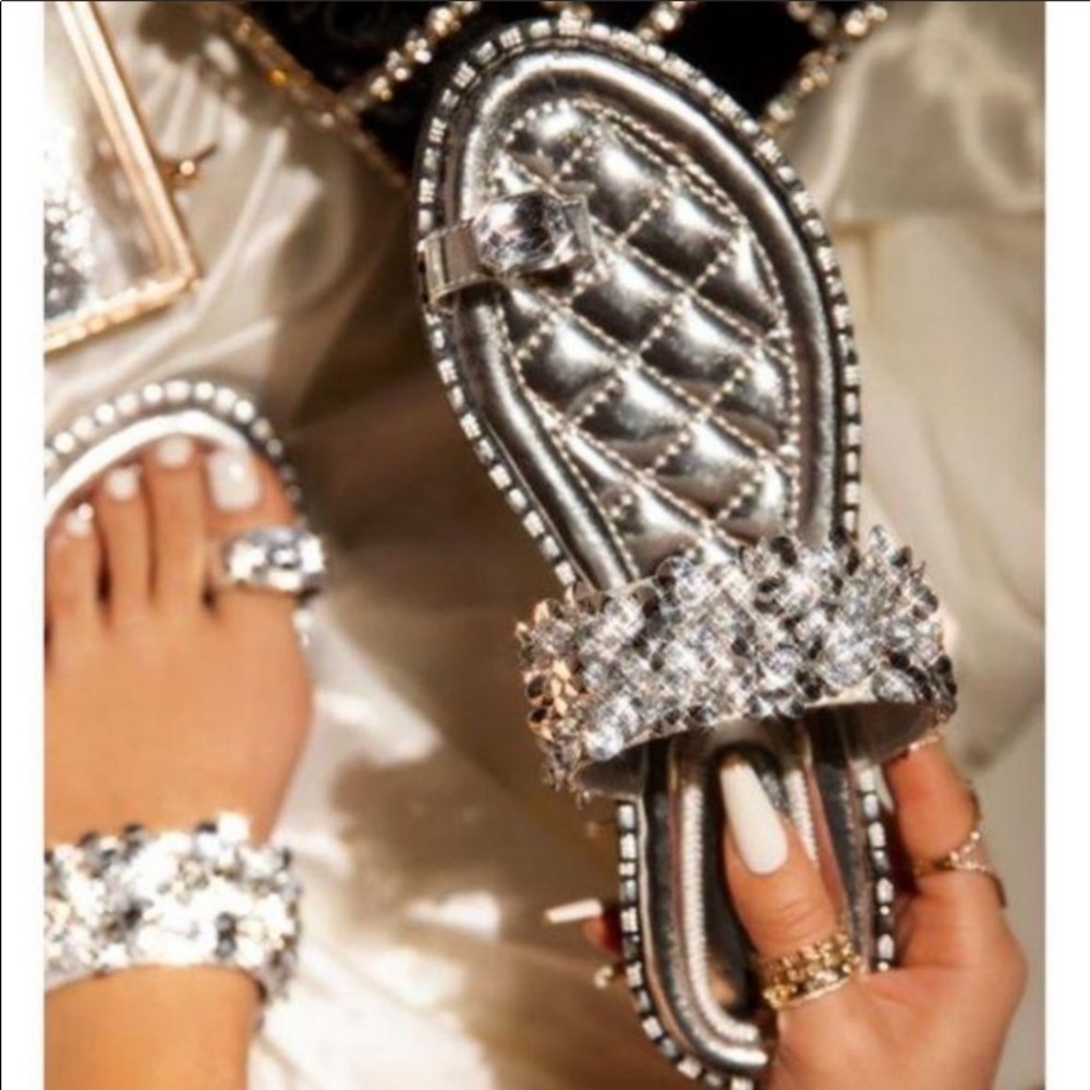 NWT- Embellished Lux Slides- silver
